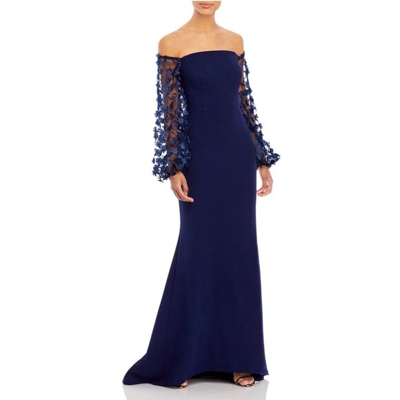 Eliza J Off Shoulder Formal Gown Women's 8 Blue Navy Floral Sleeve Dress New - Picture 1 of 16